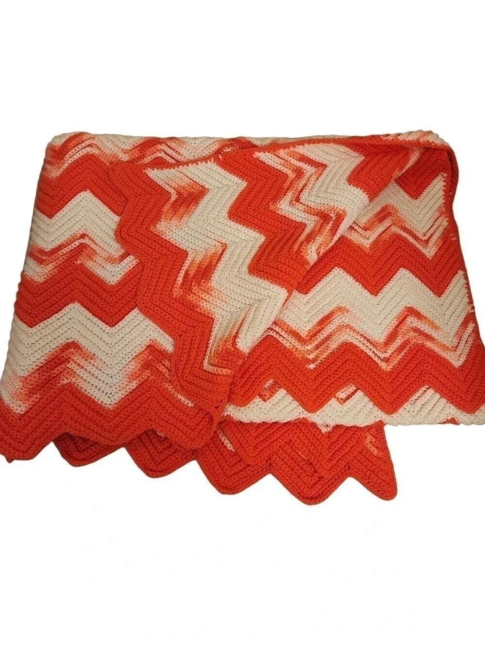 Vtg 70s XL Crochet Ripple Afghan Blanket 55x88 Bright Pink White Chevron Retro